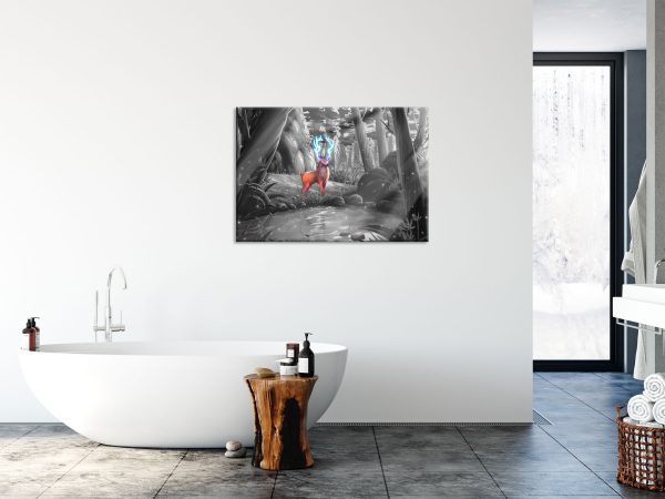 Märchenhafter Hirsch an buntem Waldsee B&W Detail, Glasbild Im Angebot – Bild 4
