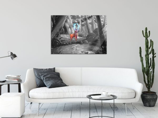 Märchenhafter Hirsch an buntem Waldsee B&W Detail, Glasbild Im Angebot – Bild 2