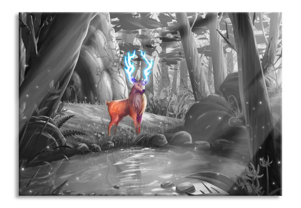 Märchenhafter Hirsch an buntem Waldsee B&W Detail, Glasbild Im Angebot