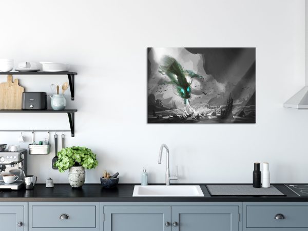 Böser Wasserdrache greift Dorf an B&W Detail, Glasbild Im Angebot – Bild 3