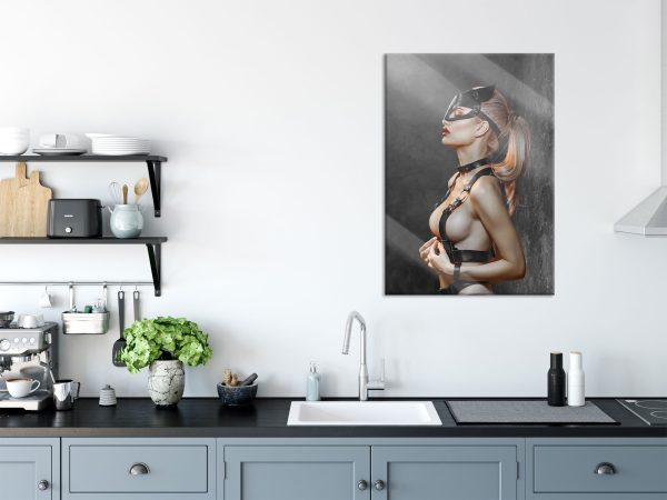 Sexy Blondine in Leder im Rotlicht B&W Detail, Glasbild Angebot – Bild 3