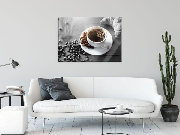 Tasse Kaffee mit Bohnen und Croissant B&W Detail, Glasbild Schn?ppchen – Bild 2