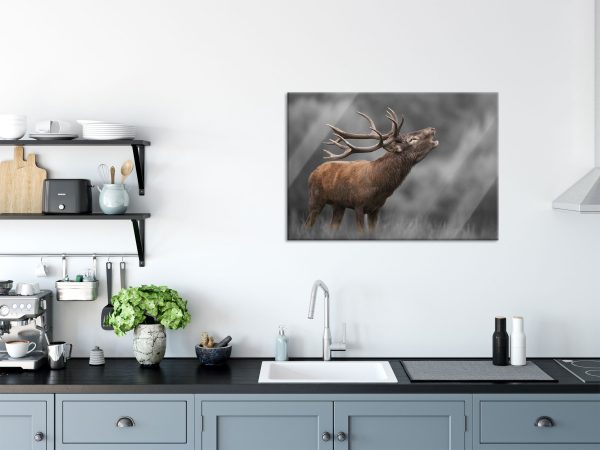 Röhrender Hirsch mit mächtigem Geweih B&W Detail, Glasbild Angebot – Bild 3