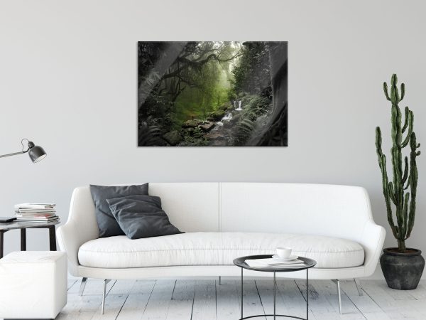 Kleinder Wasserfall im Dschungel B&W Detail, Glasbild Im Angebot – Bild 2