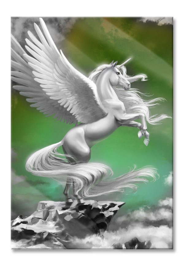 Geflügeltes Einhorn auf Felsen B&W Detail, Glasbild Verkauf