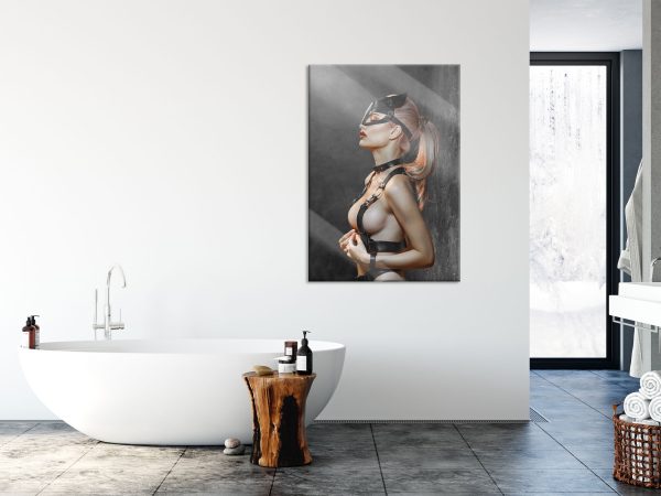 Sexy Blondine in Leder im Rotlicht B&W Detail, Glasbild Angebot – Bild 4