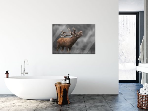 Röhrender Hirsch mit mächtigem Geweih B&W Detail, Glasbild Angebot – Bild 4