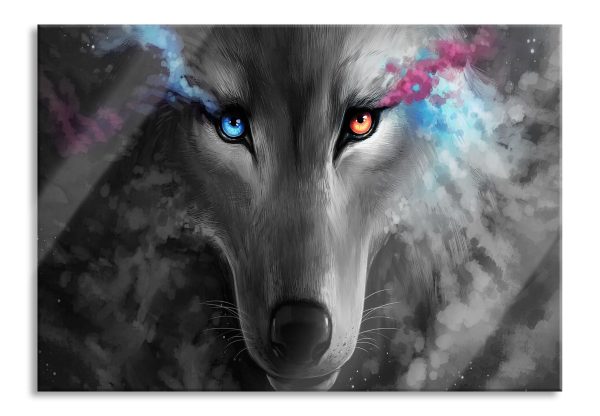 Abstrakter Wolf mit rauchenden Augen B&W Detail, Glasbild Schn?ppchen