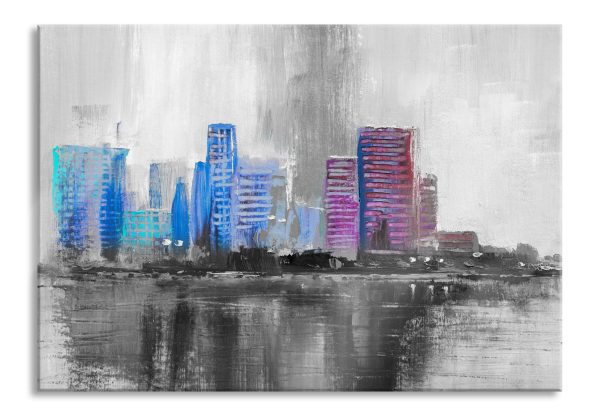 Abstraktes Ölgemälde einer Skyline B&W Detail, Glasbild Angebot