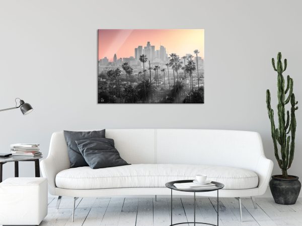 Palmen vor Skyline von Los Angeles B&W Detail, Glasbild Online – Bild 2