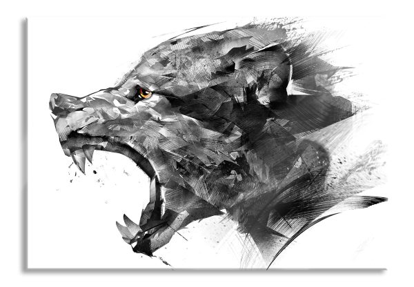Abstrakter Wolfskopf im Profil B&W Detail, Glasbild Verkauf