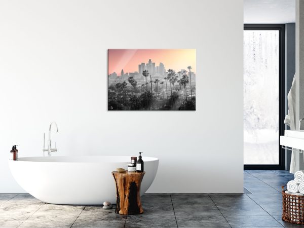 Palmen vor Skyline von Los Angeles B&W Detail, Glasbild Online – Bild 4