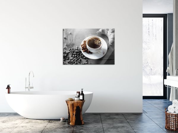 Tasse Kaffee mit Bohnen und Croissant B&W Detail, Glasbild Schn?ppchen – Bild 4