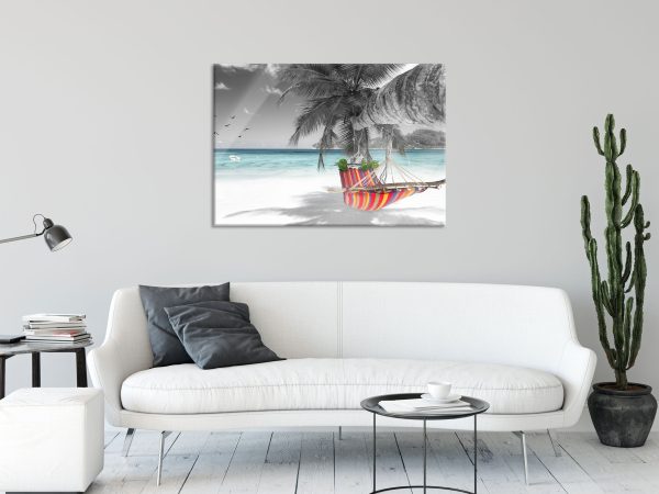 Bunte Hängematte am Traumstrand B&W Detail, Glasbild Verkauf – Bild 2
