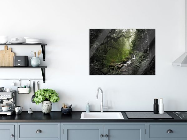 Kleinder Wasserfall im Dschungel B&W Detail, Glasbild Im Angebot – Bild 3