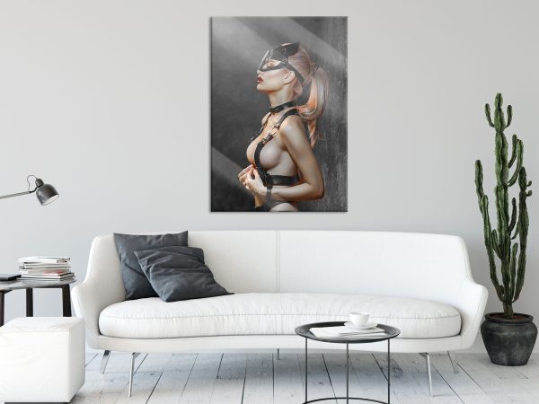 Sexy Blondine in Leder im Rotlicht B&W Detail, Glasbild Angebot – Bild 2
