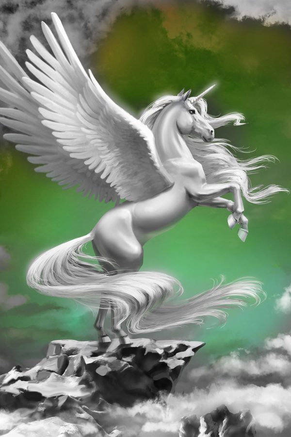 Geflügeltes Einhorn auf Felsen B&W Detail, Glasbild Verkauf – Bild 5