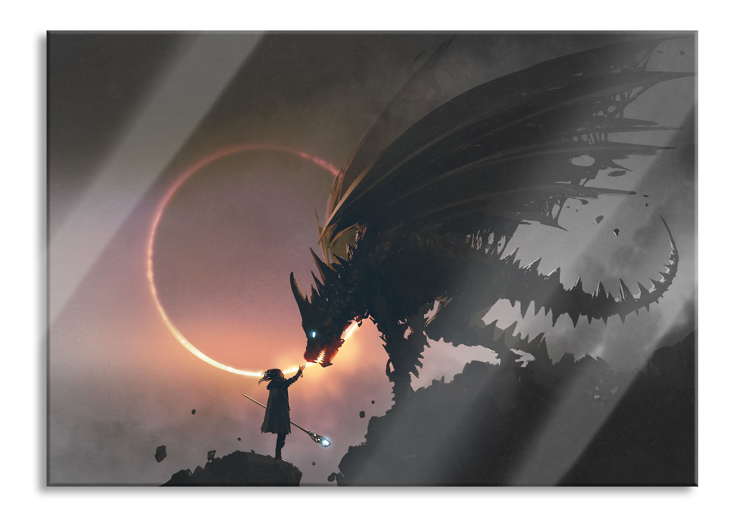 Zauberer und Drache bei Sonnenfinsternis B&W Detail, Glasbild Im Angebot