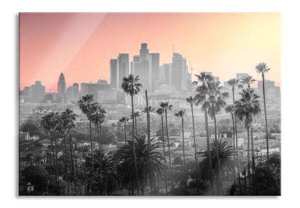 Palmen vor Skyline von Los Angeles B&W Detail, Glasbild Online