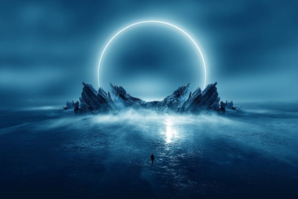 Abstrakter Mond hinter Felsformation, Glasbild Jetzt online – Bild 5