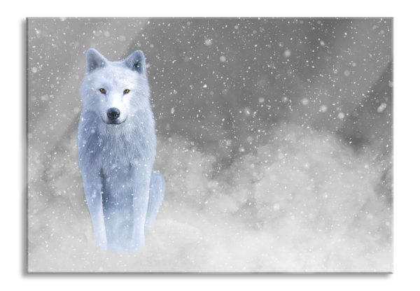 Majestätischer weißer Wolf im Schnee B&W Detail, Glasbild Im Angebot