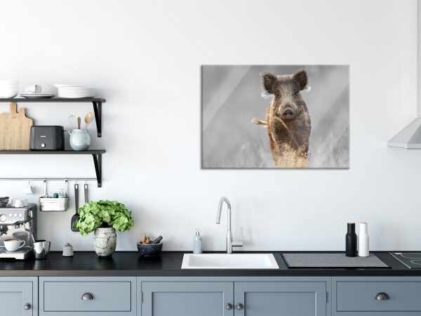 Neugieriges Wildschwein auf einem Feld B&W Detail, Glasbild Zu verkaufen – Bild 3
