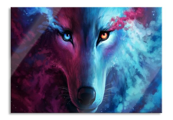 Abstrakter Wolf mit rauchenden Augen, Glasbild Verkauf