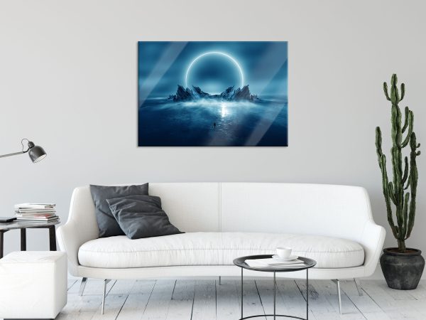 Abstrakter Mond hinter Felsformation, Glasbild Jetzt online – Bild 2