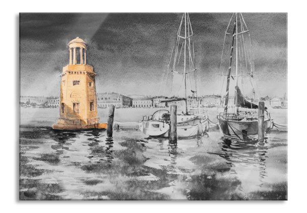 Segelschiffe im Hafen Venedigs B&W Detail, Glasbild Rabatt
