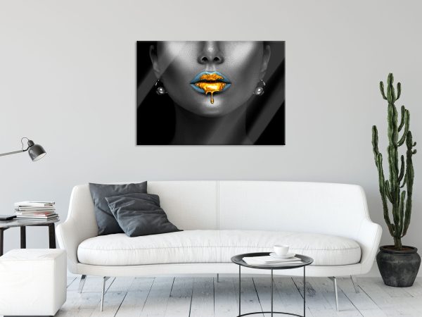 Frauenmund mit goldenem Gloss B&W Detail, Glasbild Rabatt – Bild 2