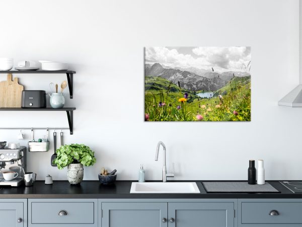 Wiesenblumen in den Bergen B&W Detail, Glasbild Schn?ppchen – Bild 3