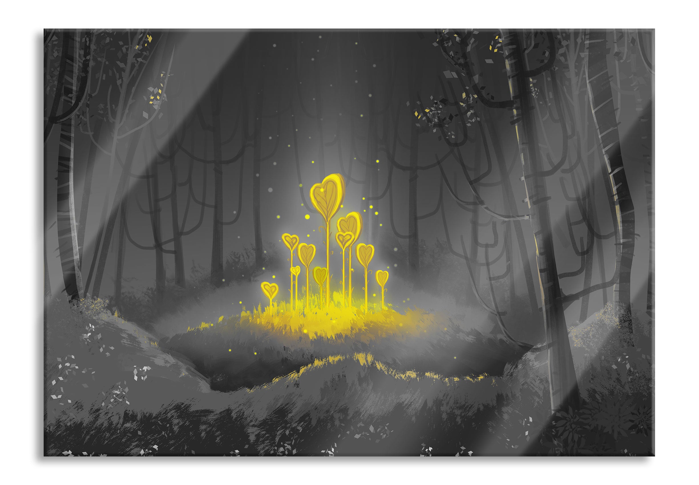Leuchtende Zauberblumen im Wald B&W Detail, Glasbild Online-Verkauf