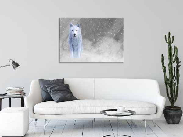 Majestätischer weißer Wolf im Schnee B&W Detail, Glasbild Im Angebot – Bild 2