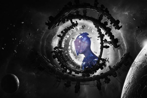 Abstraktes Auge mit Alien im Weltraum B&W Detail, Glasbild Mode – Bild 5