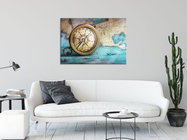 Alter Kompass auf Weltkarte, Glasbild Zu verkaufen – Bild 2