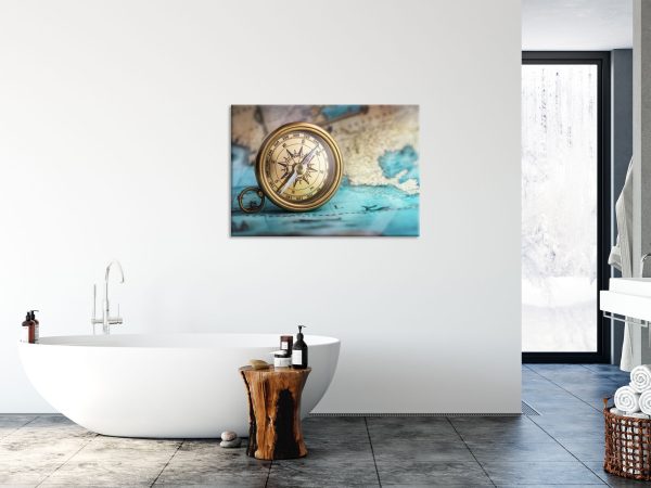 Alter Kompass auf Weltkarte, Glasbild Zu verkaufen – Bild 4